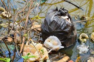 Plastique déchets dans le l'eau forêt l'eau la pollution Plastique déchets écologie global chauffage photo