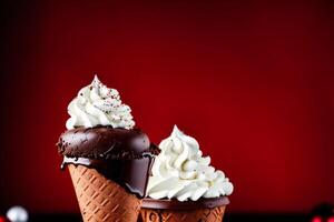 délicieux la glace crème cône avec Chocolat et fouetté crème sur une en bois tableau. sucré aliments. génératif ai photo