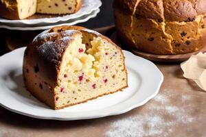 Noël gâteau avec raisins secs et en poudre sucre. panettone gâteau avec raisins secs et glaçage sucre. génératif ai photo