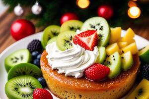 bavarois crème. cuit Crème. pièce de Noël cheesecake avec framboises sur une en bois tableau. fait maison gâteau avec des noisettes et Miel. génératif ai photo