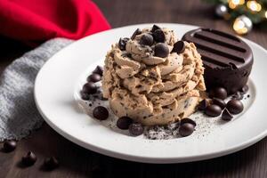 délicieux fait maison la glace crème avec Chocolat frites dans une bol sur une en bois tableau. sucré aliments. génératif ai photo