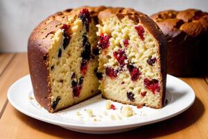 Noël gâteau avec raisins secs et en poudre sucre. panettone gâteau avec raisins secs et glaçage sucre. génératif ai photo