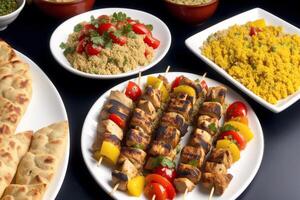 libanais cuisine. poulet shish kebab sur brochettes servi avec couscous et des légumes. génératif ai photo