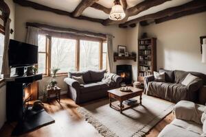 intérieur de moderne vivant pièce avec canapé, café table et les plantes. génératif ai photo