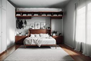 intérieur de moderne chambre avec gris des murs, en bois sol, confortable Roi Taille lit et fenêtre avec campagne voir. génératif ai photo