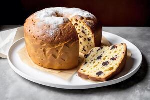 Noël gâteau avec raisins secs et en poudre sucre. panettone gâteau avec raisins secs et glaçage sucre. génératif ai photo