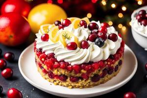 Noël gâteau avec fouetté crème et Frais baies sur une en bois tableau. délicieux pudding avec framboise sauce. génératif ai photo