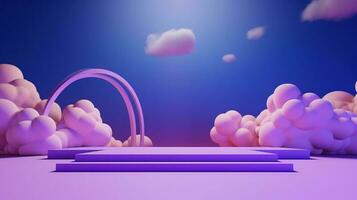 violet podium dans le bleu ciel avec des nuages. 3d le rendu photo