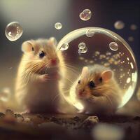hamsters dans une bulle avec savon bulles. 3d le rendu., ai génératif image photo