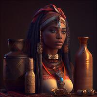 ancien égyptien femme avec africain ornements. 3d le rendu, ai génératif image photo