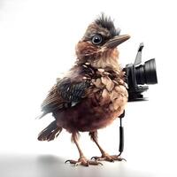 mignonne oiseau avec sac à dos et caméra sur blanc Contexte 3d illustration, ai génératif image photo