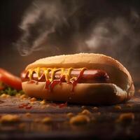 chaud chien avec moutarde, ketchup, poivre, tomate, oignon et persil, ai génératif image photo