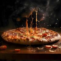 Pizza avec en volant Ingrédients et éclaboussures sur une noir arrière-plan., ai génératif image photo