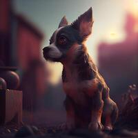 marrant chihuahua chiot séance sur le rue à coucher de soleil, ai génératif image photo