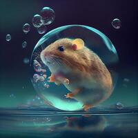 hamster dans une verre Balle avec l'eau gouttes. 3d le rendu, ai génératif image photo