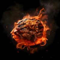 grillé steak sur une barbecue gril avec flammes sur une noir arrière-plan, ai génératif image photo