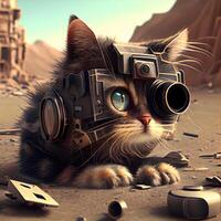 mignonne chat portant virtuel réalité des lunettes dans le désert. 3d le rendu, ai génératif image photo