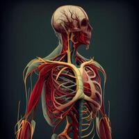 Humain corps anatomie avec poumons, circulatoire système et cardiovasculaire système sur gris arrière-plan, ai génératif image photo