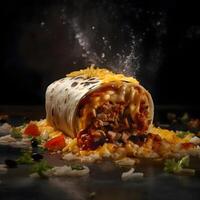 burrito avec Viande, des légumes et fromage sur une noir arrière-plan., ai génératif image photo