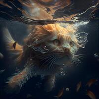 3d illustration de une chat nager dans le mer. cette est une 3d rendre illustration, ai génératif image photo