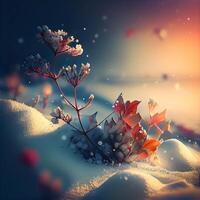 hiver paysage avec flocons de neige et fleurs. 3d illustration., ai génératif image photo