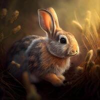 3d le rendu de une mignonne lapin dans une Prairie à coucher de soleil, ai génératif image photo