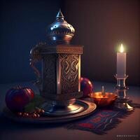 arabe lanterne avec brûlant bougies et citrouilles. 3d le rendu, ai génératif image photo