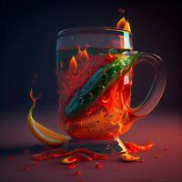 chaud le Chili poivre dans une verre tasse sur une foncé Contexte. 3d illustration, ai génératif image photo