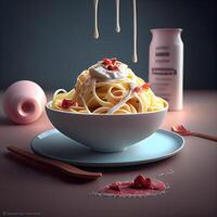 spaghetti dans une bol sur une rose Contexte. 3d illustration, ai génératif image photo