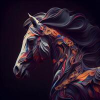 coloré cheval tête avec abstrait modèle sur noir Contexte. illustration, ai génératif image photo