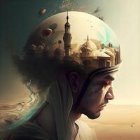 surréaliste peinture. homme dans casque avec mosquée dans le arrière-plan., ai génératif image photo