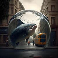 3d illustration de une requin à l'intérieur une verre Balle dans le ville, ai génératif image photo