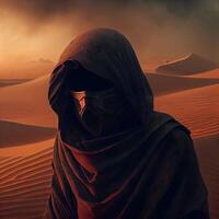 encapuchonné homme dans le désert. 3d le rendu, 3d illustration., ai génératif image photo