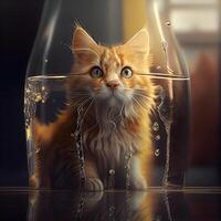 mignonne gingembre chat à l'intérieur une verre vase avec l'eau gouttes., ai génératif image photo