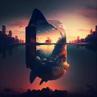 poisson dans une verre pot sur le Contexte de le ville à coucher de soleil, ai génératif image photo