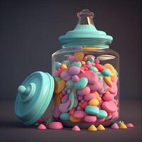 pot avec coloré des sucreries sur foncé Contexte. 3d illustration., ai génératif image photo