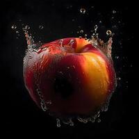 l'eau éclaboussure sur une rouge Pomme. isolé sur noir arrière-plan., ai génératif image photo