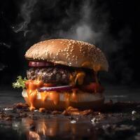 délicieux cheeseburger avec du boeuf petit pâté et des légumes sur noir arrière-plan, ai génératif image photo