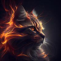 illustration de une chat avec Feu flammes sur une noir arrière-plan., ai génératif image photo
