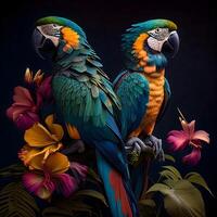 coloré ara perroquets avec tropical fleurs sur une noir arrière-plan, ai génératif image photo