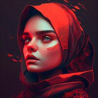 portrait de une magnifique Jeune femme dans une rouge foulard, ai génératif image photo