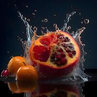 fruit éclabousser dans l'eau sur noir arrière-plan, proche en haut, ai génératif image photo