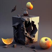 3d illustration de cassé verre avec Pomme et Orange sur foncé arrière-plan, ai génératif image photo