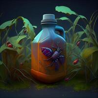 illustration de une punaise et une bouteille de poison sur une foncé arrière-plan, ai génératif image photo