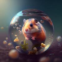 hamster dans une verre aquarium avec bulles. 3d illustration., ai génératif image photo