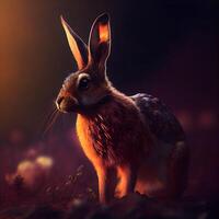 lapin dans le Prairie à le coucher du soleil. 3d le rendu., ai génératif image photo