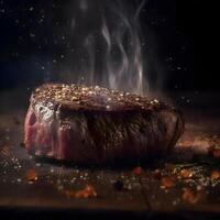 grillé du boeuf steak sur une noir Contexte avec fumée et feu., ai génératif image photo