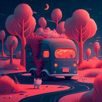 3d illustration de une autobus sur le route dans le forêt à nuit, ai génératif image photo