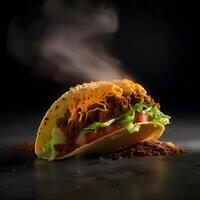 taco avec Viande et des légumes sur une noir Contexte. copie espace., ai génératif image photo