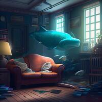 en train de dormir baleine dans le intérieur de le chambre. 3d le rendu, ai génératif image photo